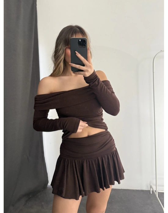 Becky Drapeli Etek Takım - Kahve