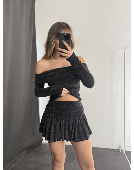 Becky Drapeli Etek Takım - Siyah