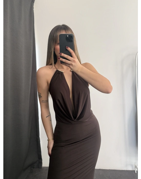 Bella Aksesuar Detay Elbise - Kahve