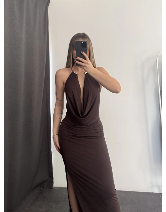 Bella Aksesuar Detay Elbise - Kahve