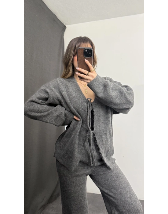 Belly Fiyonklu Triko Takım - Antrasit