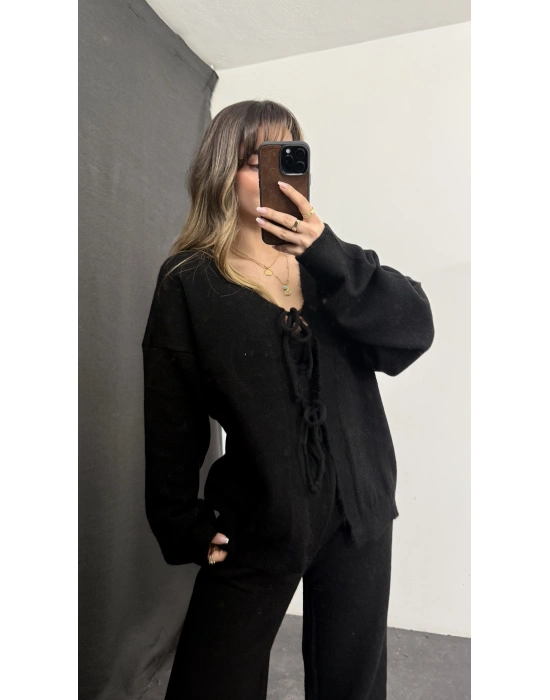 Belly Fiyonklu Triko Takım - Siyah