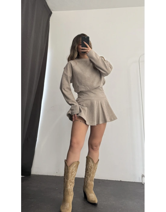 Blair Drapeli Mini Elbise - Bej