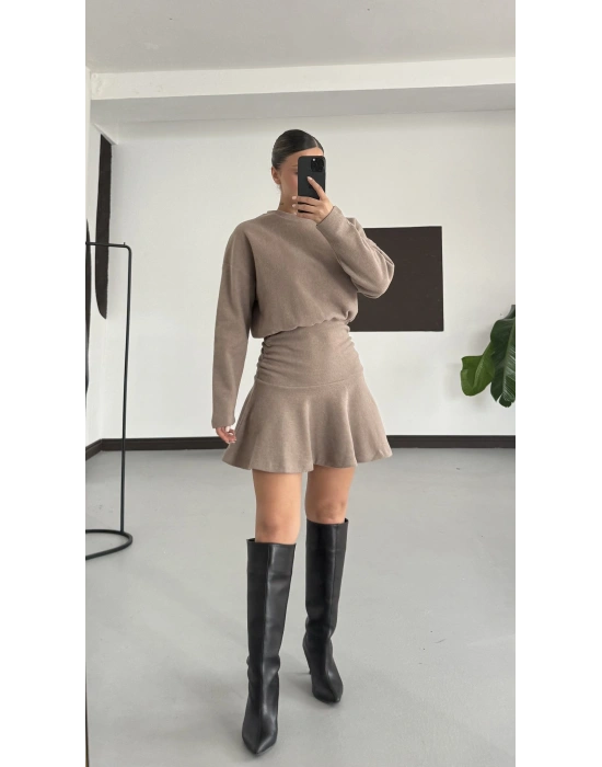 Blair Drapeli Mini Elbise - Bej
