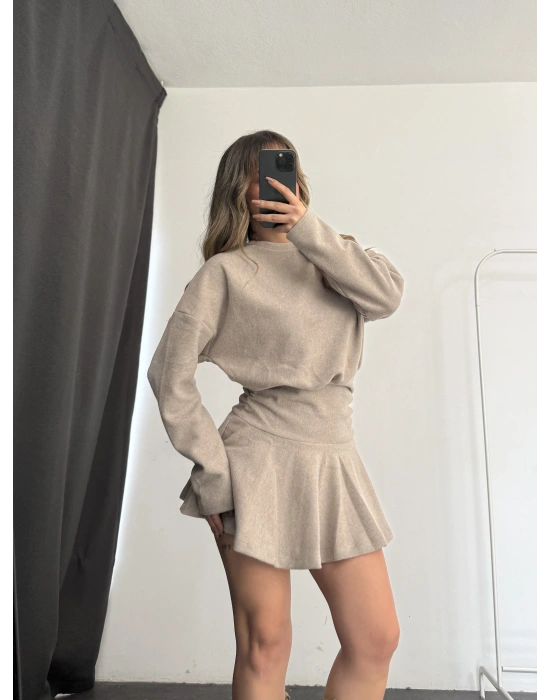 Blair Drapeli Mini Elbise - Bej