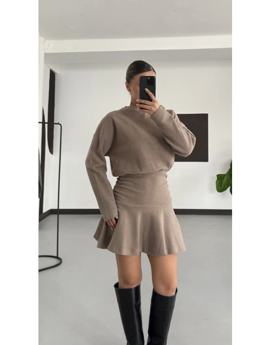 Blair Drapeli Mini Elbise - Bej