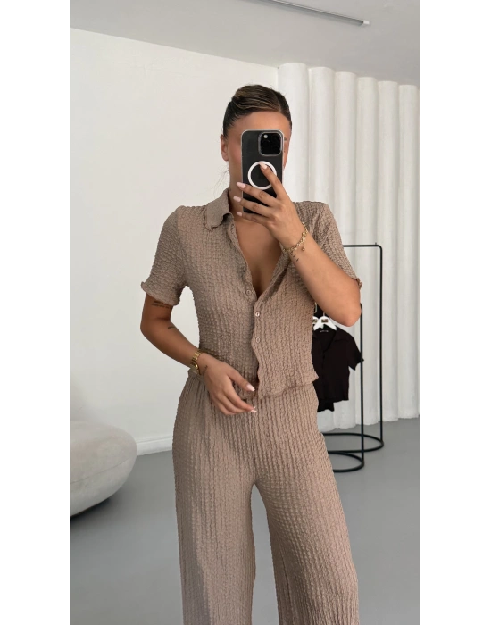 Blode Düğmeli Crop Takım - Bej