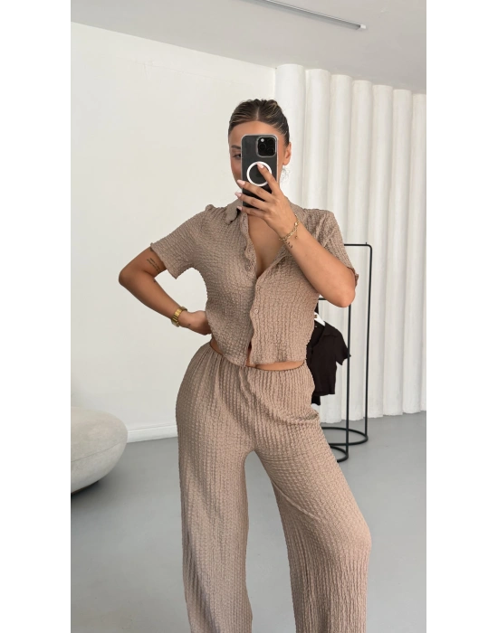 Blode Düğmeli Crop Takım - Bej