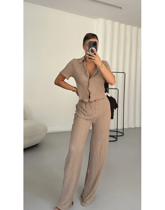 Blode Düğmeli Crop Takım - Bej