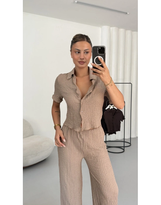 Blode Düğmeli Crop Takım - Bej