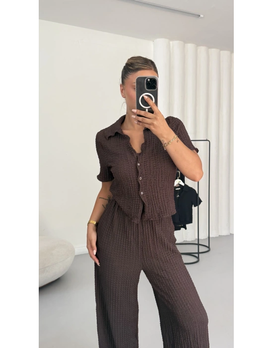Blode Düğmeli Crop Takım - Kahve