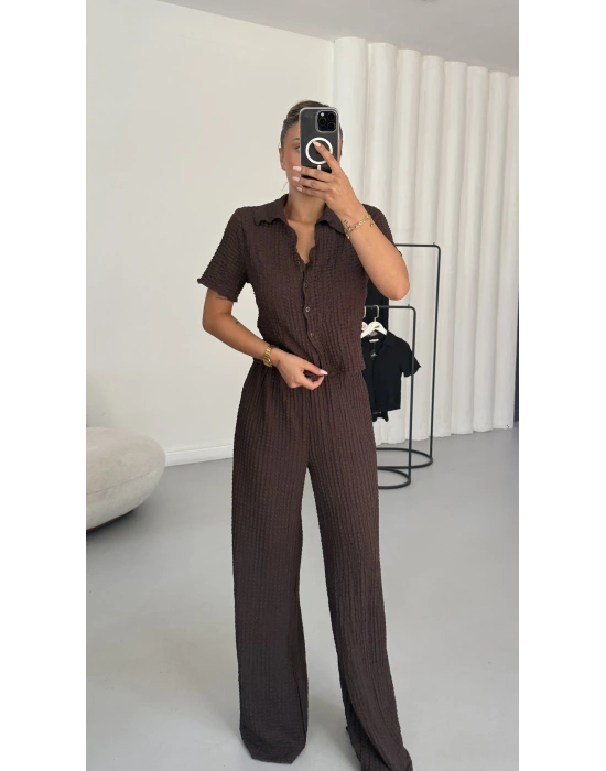 Blode Düğmeli Crop Takım - Kahve