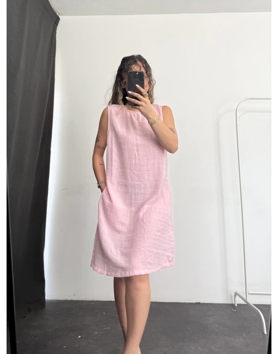 Bondia Keten Elbise -Pembe