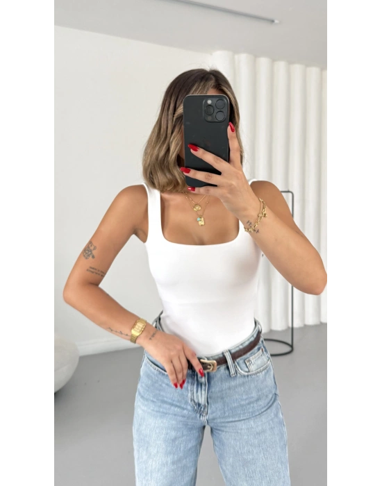 Bonne Kare Yaka Bodysuit - Beyaz