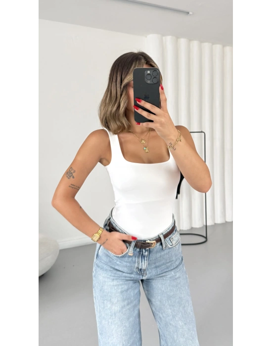 Bonne Kare Yaka Bodysuit - Beyaz