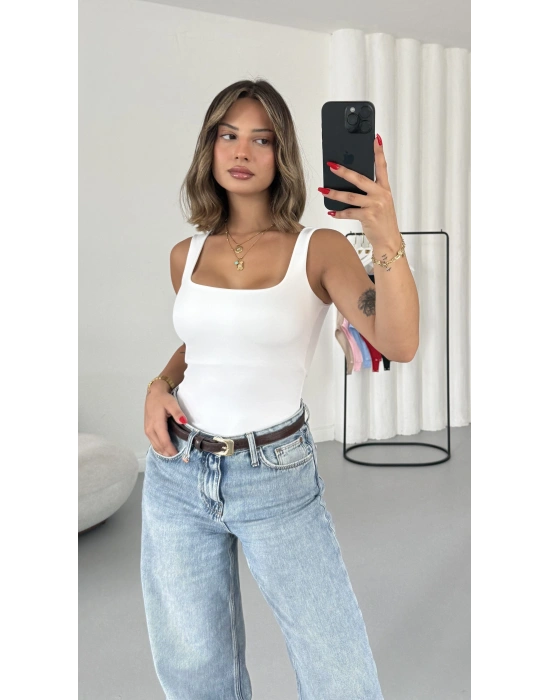 Bonne Kare Yaka Bodysuit - Beyaz