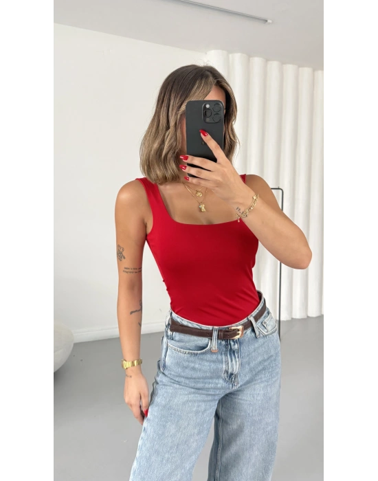 Bonne Kare Yaka Bodysuit - Kırmızı