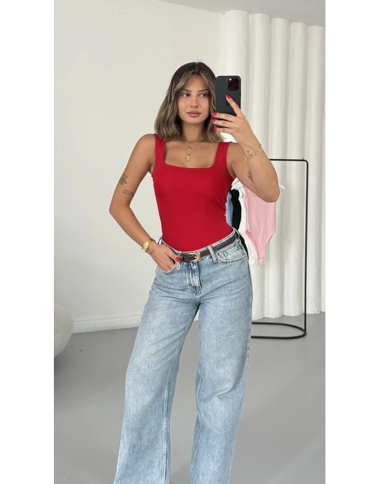Bonne Kare Yaka Bodysuit - Kırmızı