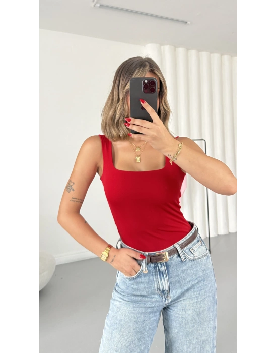 Bonne Kare Yaka Bodysuit - Kırmızı