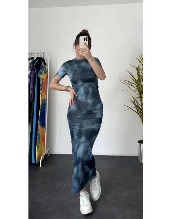 Cait Batik Long Elbise - Mavi