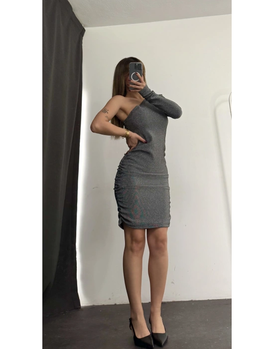 Candice Tek Kol Simli Elbise - Gri