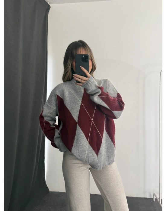 Chris Baklava Desen Triko Kazak - Gri