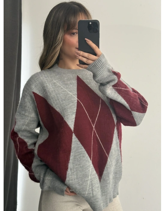 Chris Baklava Desen Triko Kazak - Gri