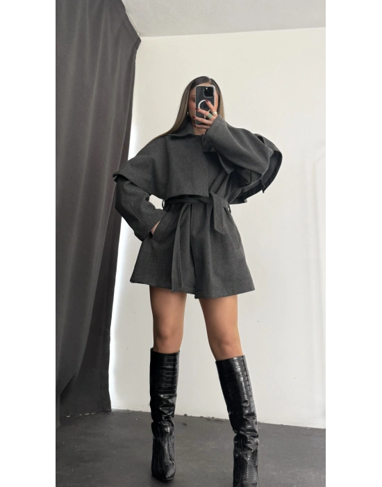 Çıkarılabilir Rüzgarlıklı Kaşe Kaban - Antrasit