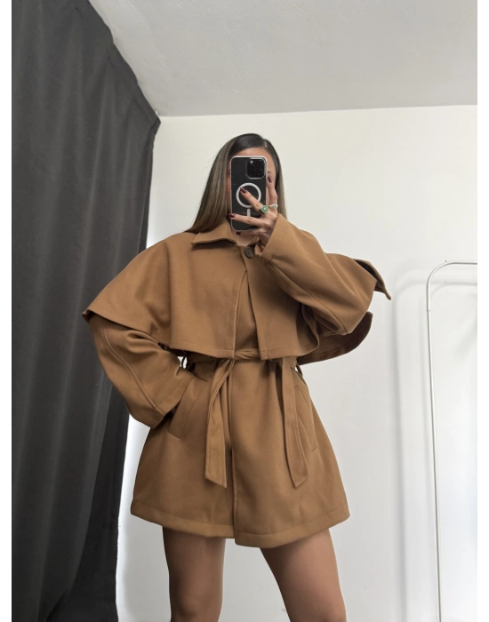 Çıkarılabilir Rüzgarlıklı Kaşe Kaban - Camel