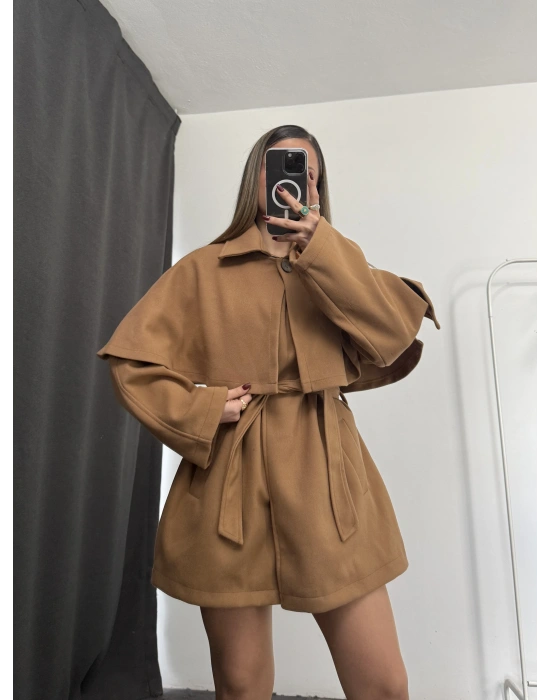 Çıkarılabilir Rüzgarlıklı Kaşe Kaban - Camel