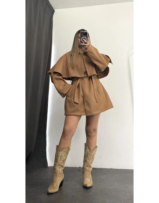 Çıkarılabilir Rüzgarlıklı Kaşe Kaban - Camel