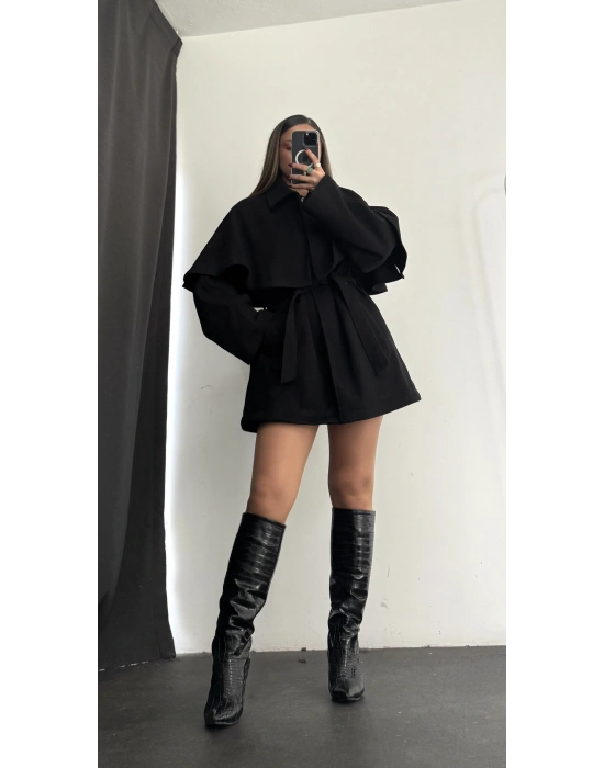 Çıkarılabilir Rüzgarlıklı Kaşe Kaban - Siyah