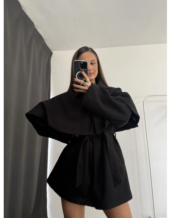 Çıkarılabilir Rüzgarlıklı Kaşe Kaban - Siyah