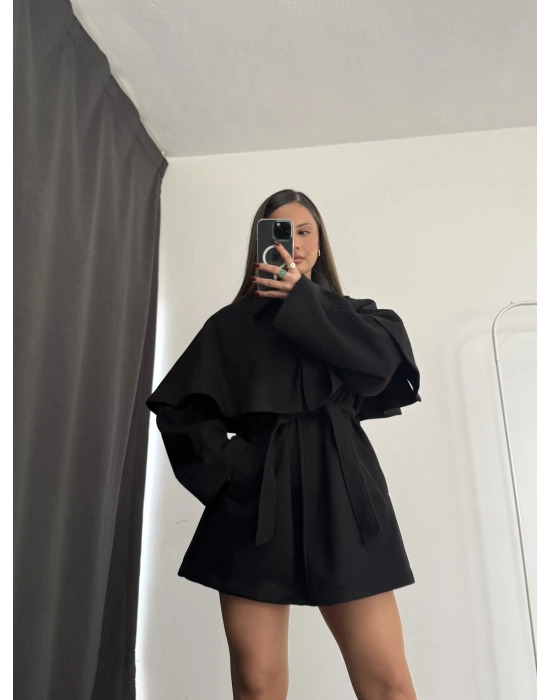 Çıkarılabilir Rüzgarlıklı Kaşe Kaban - Siyah