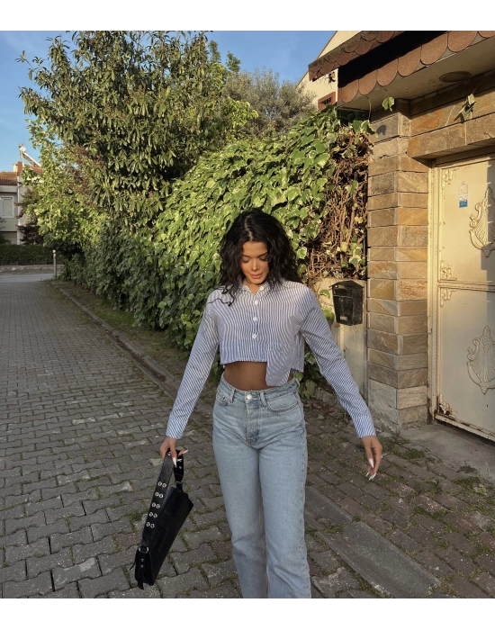 Çizgili Crop Gömlek-Mavi