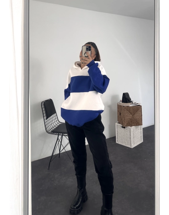 Çizgili Kapüşonlu Sweatshirt - Mavi