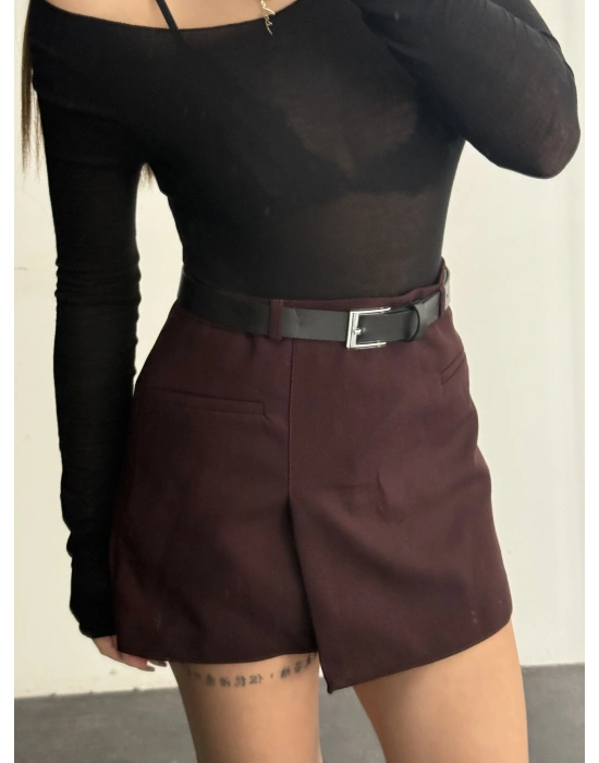 Claire Kemerli Şort Etek - Bordo