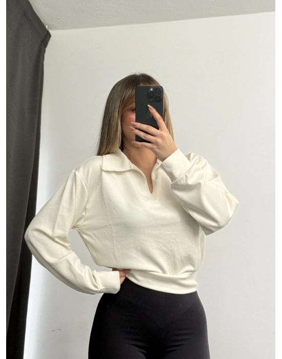 Cloe Polo Yaka Sweatshirt - Beyaz