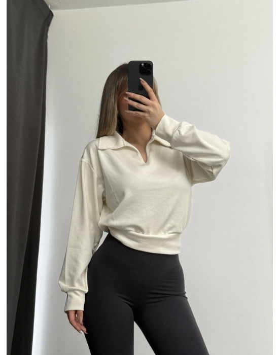 Cloe Polo Yaka Sweatshirt - Beyaz