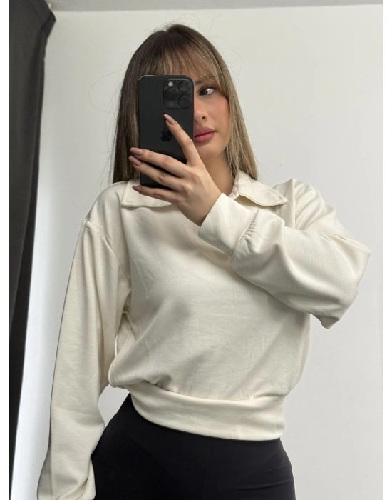 Cloe Polo Yaka Sweatshirt - Beyaz