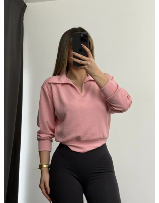Cloe Polo Yaka Sweatshirt - Pembe