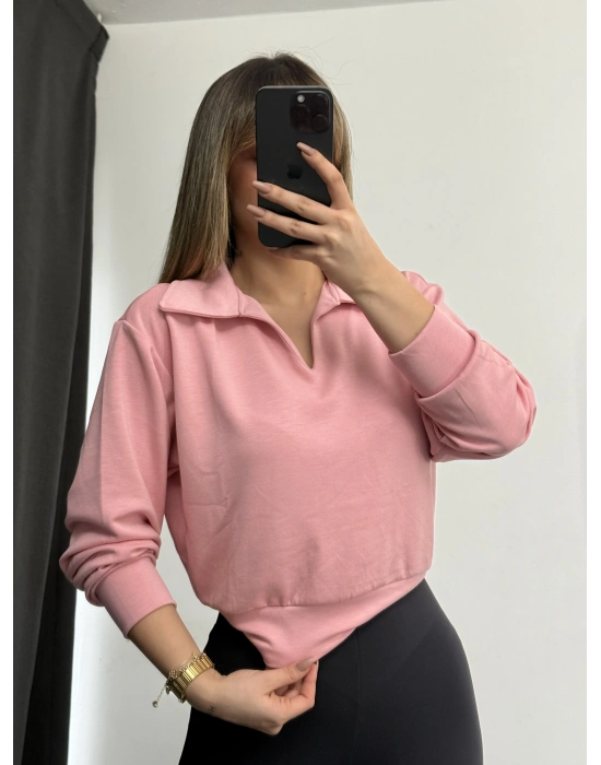 Cloe Polo Yaka Sweatshirt - Pembe