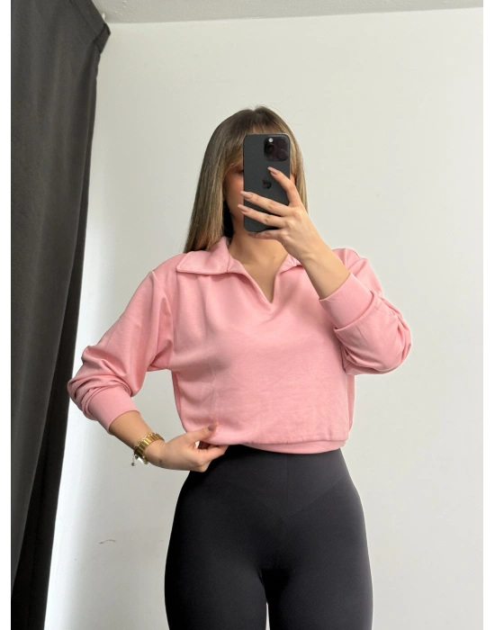Cloe Polo Yaka Sweatshirt - Pembe