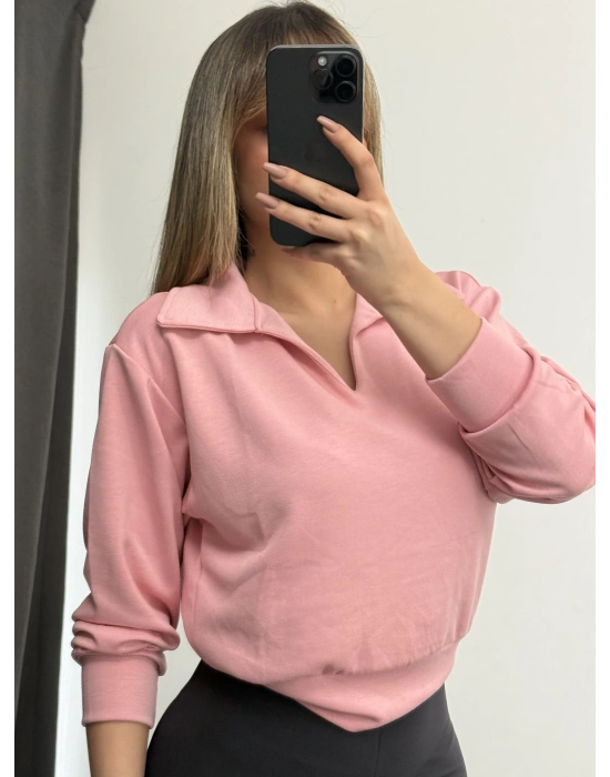 Cloe Polo Yaka Sweatshirt - Pembe