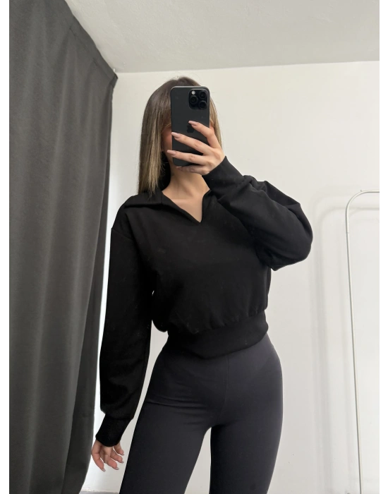 Cloe Polo Yaka Sweatshirt - Siyah