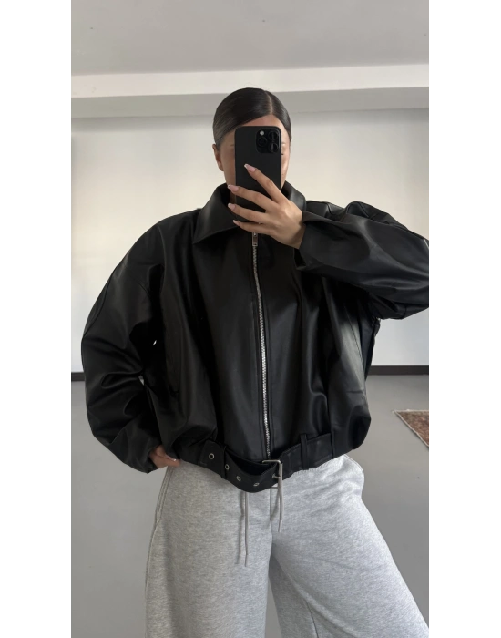Coldy Kemerli Deri Ceket - Siyah