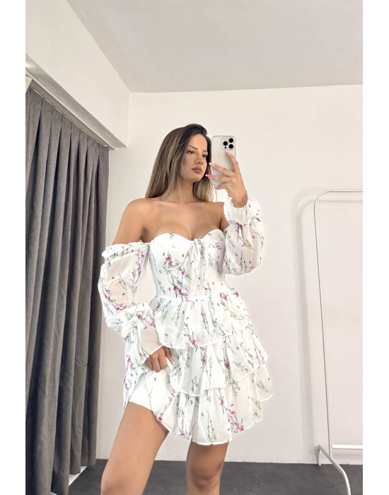 Cute Katlı Elbise - Beyaz