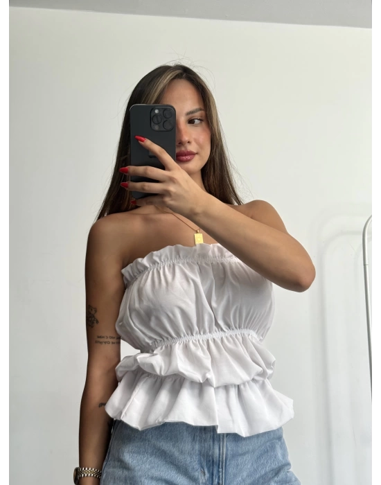 Dalia Büzgülü Straplez - Beyaz