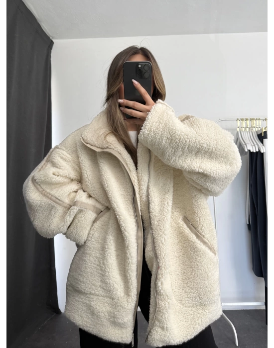 Damen Oversize Peluş Mont - Bej