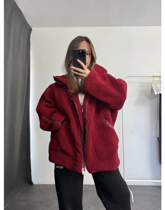 Damen Oversize Peluş Mont - Bordo
